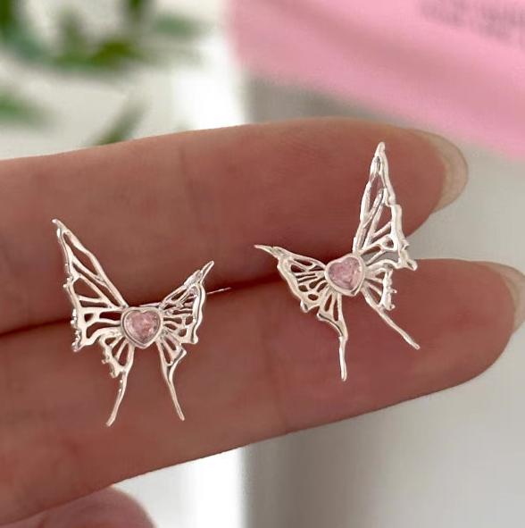 Silver925 Pink Heart Butterfly Stud Earrings | Gift for her