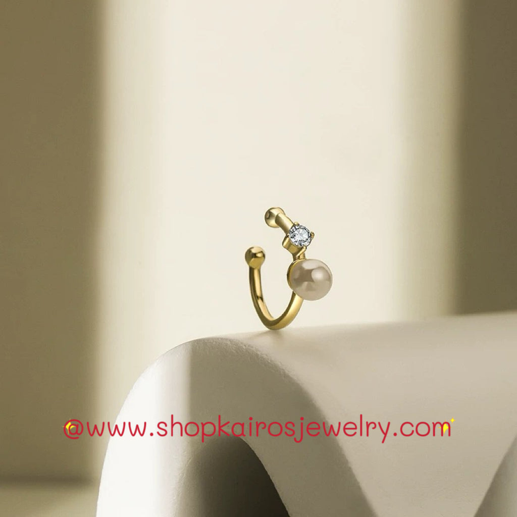 Kairos Sterling Silver Golden Plated Pearl Ear Cuff, No Piercing, Women's New High-End French-Style Luxury Earrings, Ear Hook, Ear Bone Clip