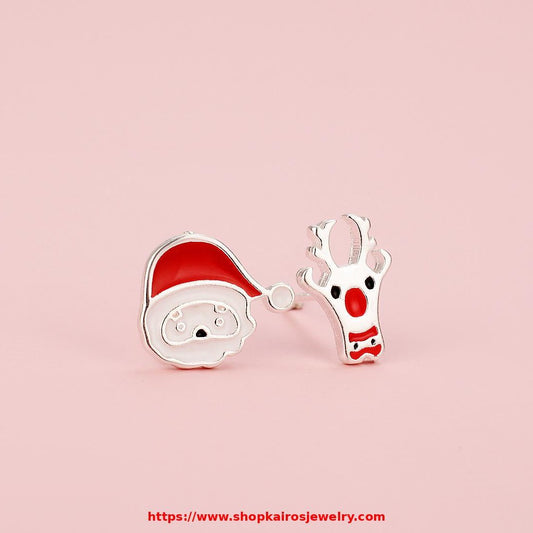 925 Sterling Silver Christmas asymmetric stud earrings with a Santa Claus and reindeer earrings