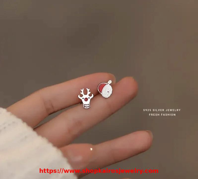 925 Sterling Silver Christmas asymmetric stud earrings with a Santa Claus and reindeer earrings