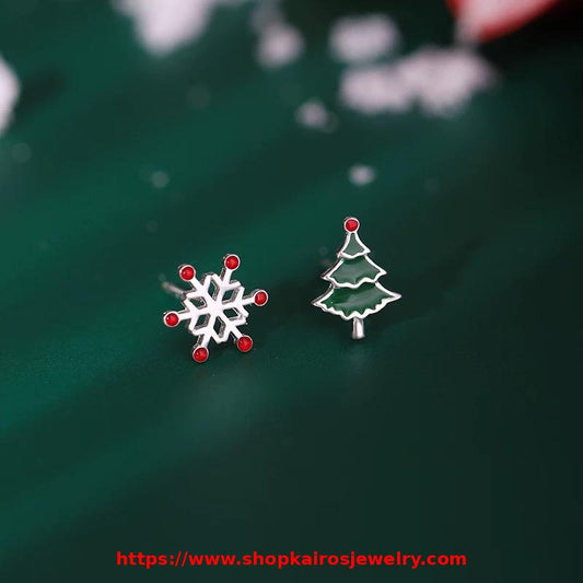 S925 Sterling Silver Christmas asymmetric stud earrings with CHRISTMAS TREE and snowflake earrings