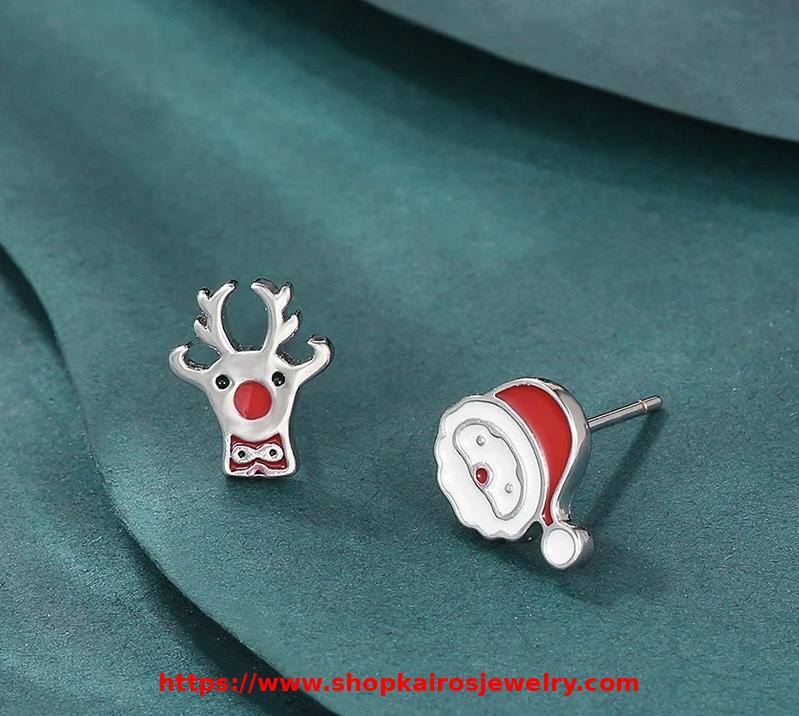 925 Sterling Silver Christmas asymmetric stud earrings with a Santa Claus and reindeer earrings