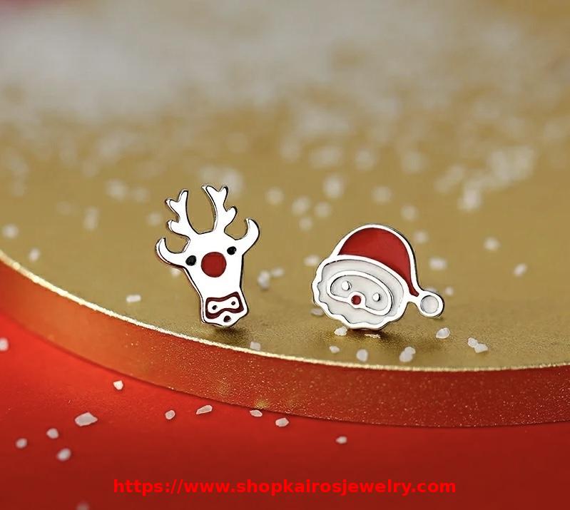 925 Sterling Silver Christmas asymmetric stud earrings with a Santa Claus and reindeer earrings