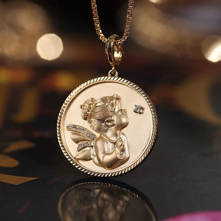 Angel Guard Silver K Gold Plated Lucky Coin Pendant Bracelet Set