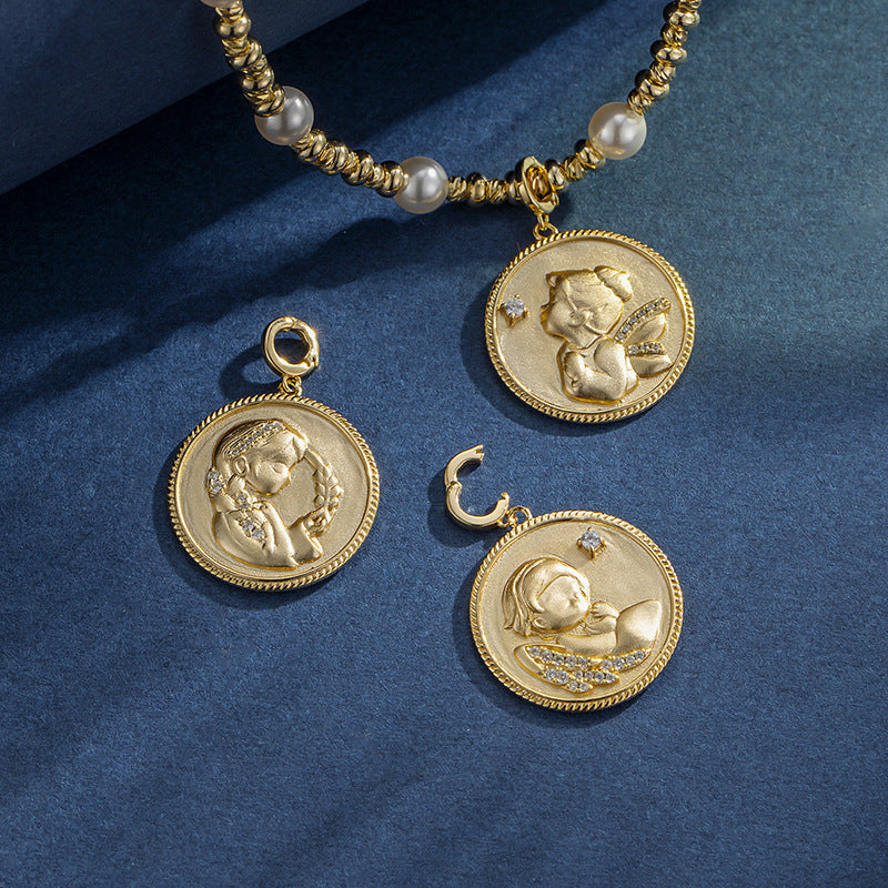 Angel Guard Silver K Gold Plated Lucky Coin Pendant Bracelet Set