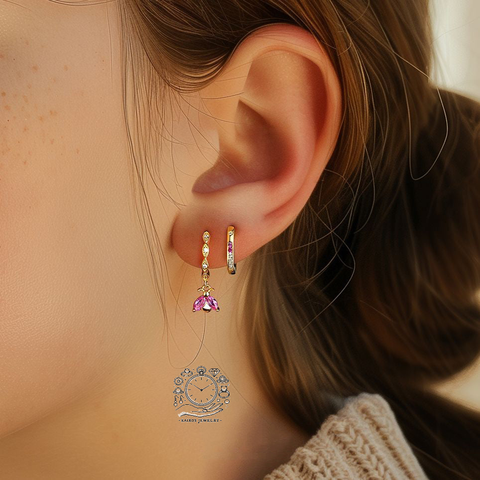 Six Drop Huggies, Hoop Earrings combinations, Dainty Gold Starburst Hoops, Small Minimalist Huggies,Gift For Women,Tiny Delicate Charm Hoops