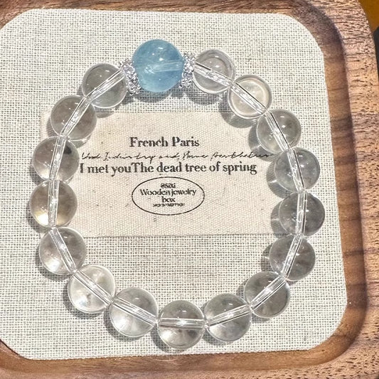 Natural Aquamarine and Clear Quartz Healing Crystal Bracelet | 10mm Beaded Meditation Jewelry for Crown Chakra