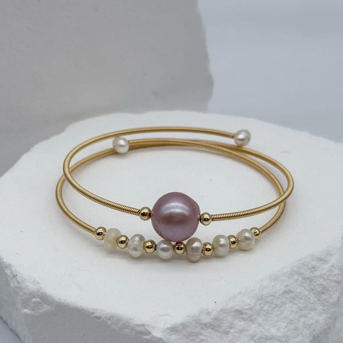 5-9mm White and Pink Freshwater Pearl Bangle