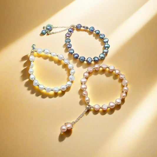 Peacock Blue-Green | Pink | White Baroque Pearl Bracelet with Adjustable Gold Chain, Elegant Freshwater Pearl Bracelet